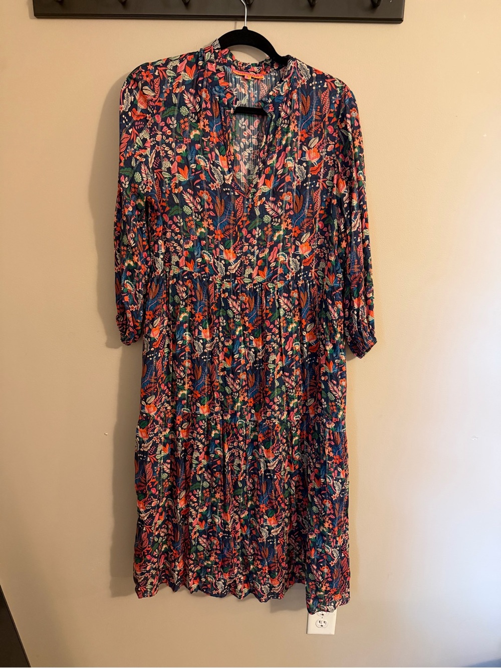 Vilagallo Navy Floral Tiered Midi Dress with Coral & Green Accents
